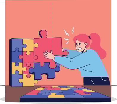 Woman struggling to fit jigsaw puzzle piece frustration and challenge concept illustration vector