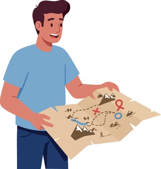 Man Exploring Adventure Map with Mountains and Markers Illustration vector