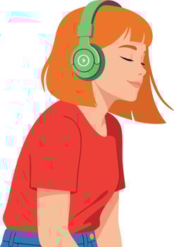 Young woman with red hair listening to music with green headphones in casual outfit illustration vector