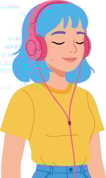 Young woman with blue hair listening to music on pink headphones in yellow shirt illustration vector