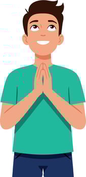 Young man praying with hands together hopeful expression illustration vector