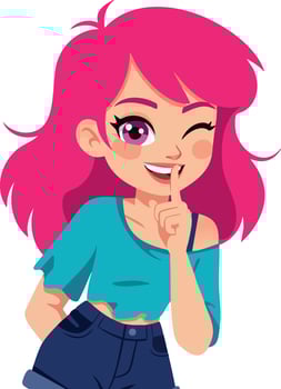 Young woman with pink hair winking and wearing blue top and jeans illustration vector