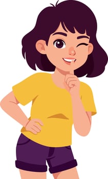 Girl Winking Wearing Yellow Shirt and Purple Shorts Playful Pose Illustration vector