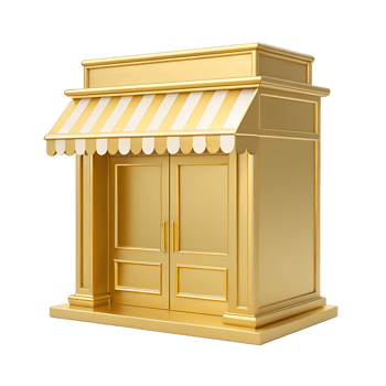 Golden Retail Shopfront Exterior Striped Awning Luxury Boutique Store Facade 3D Rendering png