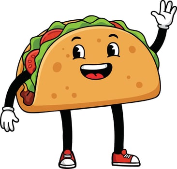 Happy taco cartoon character waving hand with red shoes and lettuce illustration vector