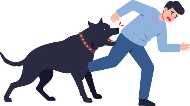 Man being attacked by aggressive black dog running fast in illustration vector
