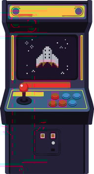 Retro arcade game machine with spaceship pixel art and joystick control panel illustration vector