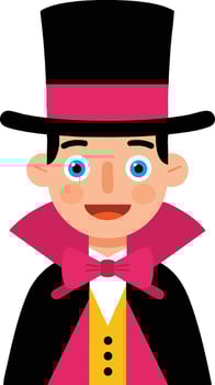 Male magician character with black top hat and pink bow tie cheerful expression illustration vector