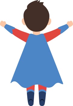 Boy wearing superhero costume with blue cape flying back view illustration vector