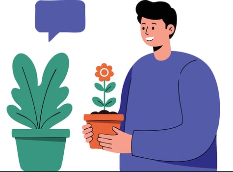 Man Holding Flower Pot Talking to Plant Illustration with Speech Bubble and Green Leaves Design vector