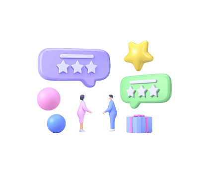 3D customer feedback concept with people, speech bubbles, and star ratings. Represents reviews, testimonials, and satisfaction. For e-commerce proof. png
