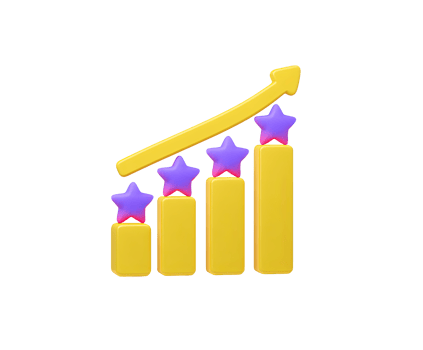 Golden 3D bar chart with stars and rising arrow, for financial growth, successful investments, or high performance. For financial presentations. png