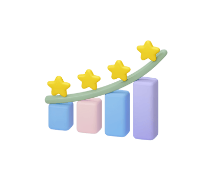 Colorful 3D bar graph with stars and ascending arrow, for positive development, user satisfaction, or project success. For data visualization. png