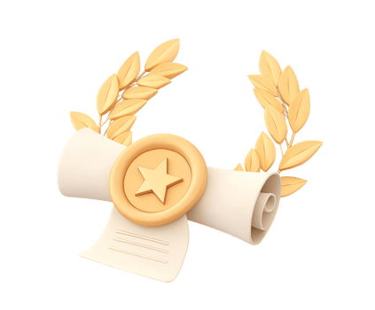 Unfurled scroll or certificate with gold medal and laurel wreath, a 3D render for high honors, accomplishment, or validated achievement. For degrees. png