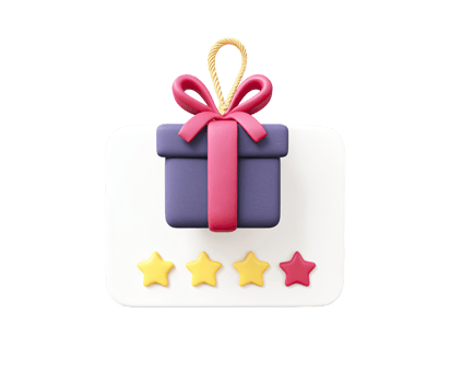 3D gift box with a pink bow and three rating stars below, indicating a well-received or good quality present. Symbolizes appreciation and positive feedback. Isolated. png