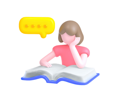 3D icon of a young girl engrossed in reading a book with a speech bubble, symbolizing learning, education, storytelling, imagination, and active thinking. Isolated. png