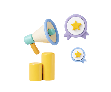 3D composition with a megaphone, star award, and bar chart, symbolizing the announcement of success, positive marketing results, or award recognition. Isolated. png