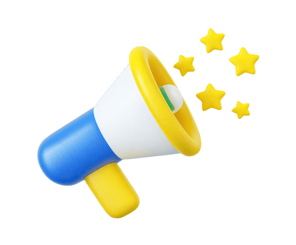Yellow and blue 3D megaphone icon with three stars, representing promotion, announcements, and positive feedback. Ideal for marketing campaigns or alerts. Rendered. png