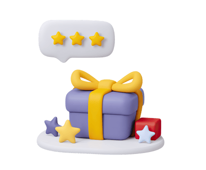 3D composition of a gift box, speech bubble with star rating, and a smaller gift, symbolizing customer review or feedback for a purchased present. Isolated design. png
