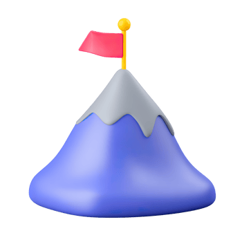 Blue 3D mountain with red flag. Represents goals, achievement, success, conquering challenges. Ideal for victory or strategic leadership imagery. Rendered, isolated. png