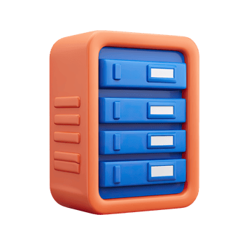Orange and blue 3D server rack. Represents IT infrastructure, data servers, network storage. Perfect for technology or database administration themes. Rendered, isolated. png