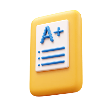 Yellow 3D report card or test result showing an A grade. Symbolizes academic excellence, successful learning, high achievement in education. Rendered visual, isolated. png