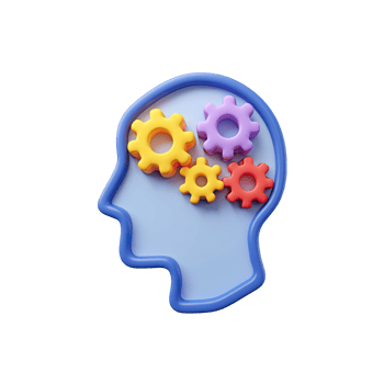 Blue 3D head silhouette with colorful internal gears. Symbolizes thought processes, learning mechanics, cognitive function, and educational psychology. Rendered, isolated. png