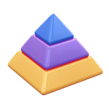 Yellow and purple 3D layered pyramid diagram. Represents hierarchical structures, learning models, stages of development, or priority levels in education. Rendered, isolated. png