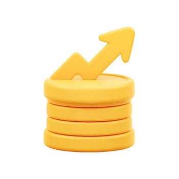 Yellow 3D stack of coins with an orange upward zig-zag arrow. Represents fluctuating financial market, volatile investment growth, or dynamic profit trends. Rendered, isolated. png
