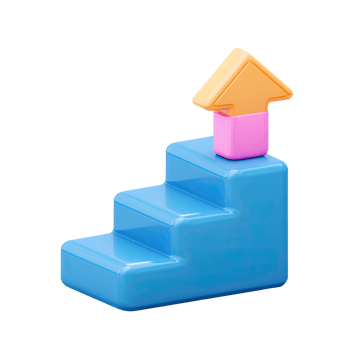 Blue 3D steps with an orange upward arrow. Symbolizes phased market growth, step-by-step progress, gradual trend development, or career advancement. Rendered, isolated. png