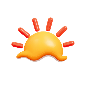 Playful 3D sun icon with red rays, melting base. Symbolizes hot market conditions, fleeting trends, or the heat of competition. For dynamic states. Rendered, isolated. png