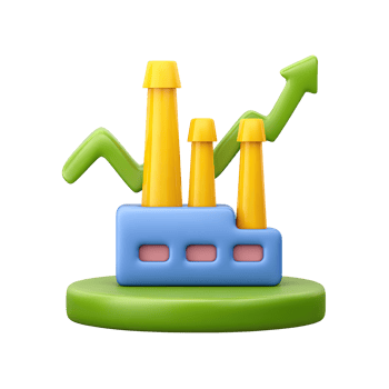 Green 3D factory on a platform with an upward arrow. Represents industrial growth, increasing production, and positive manufacturing market trends. Rendered, isolated. png