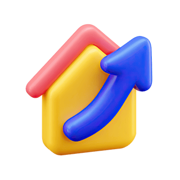 Yellow 3D house with red roof and large blue upward arrow. Signifies strong real estate growth, booming property market, or high home values. Rendered, isolated. png
