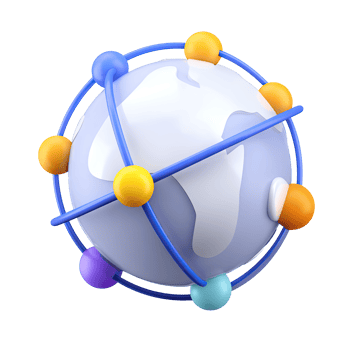 White and blue 3D globe with colorful connection points. Symbolizes global market integration, worldwide network trends, or international data exchange. Rendered, isolated. png