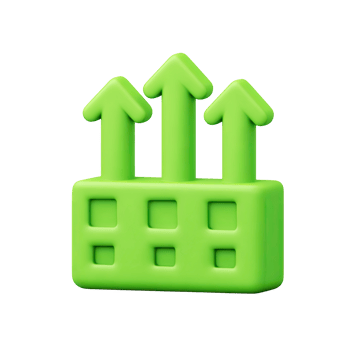 Green 3D factory-like structure with multiple upward arrows. Symbolizes collective industrial growth, increased output, and strong market demand. Rendered, isolated. png