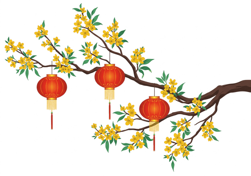 Chinese New Year Festive Decor Red Lanterns and Blossoming Branches png