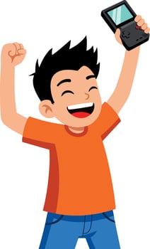 Happy boy celebrating with handheld gaming console in orange shirt and blue pants illustration vector