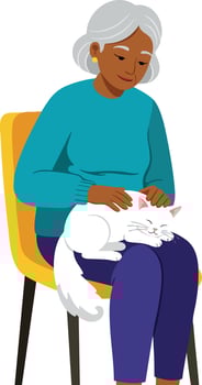 Elderly Woman Sitting on Chair with White Cat on Lap Relaxing at Home Illustration vector