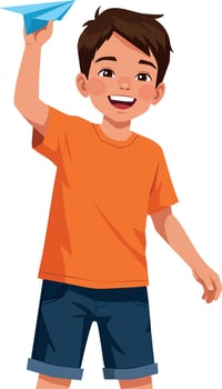 Boy throwing paper airplane in orange shirt and blue shorts summer fun play activity vector
