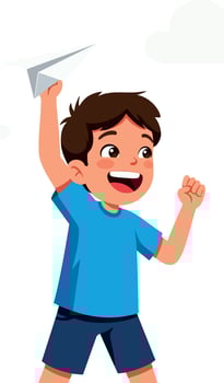 Boy throwing paper airplane playing carefree outdoor activity illustration vector
