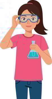 Girl in pink shirt holding flask wearing safety goggles science education illustration vector