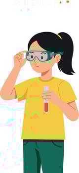 Young girl wearing protective goggles holding test tube science experiment illustration vector