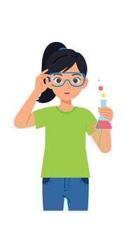 Young girl scientist in green shirt holding flask with chemical reaction illustration vector
