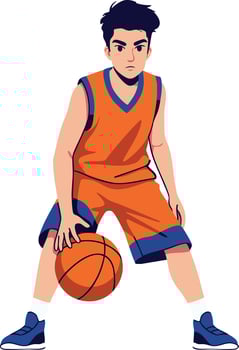 Young male basketball player dribbling ball in orange sportswear illustration vector