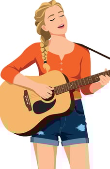 Young woman playing acoustic guitar in casual summer outfit singing joyfully illustration vector