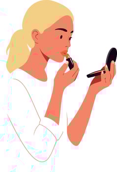 Woman applying red lipstick using hand mirror in minimal style illustration vector