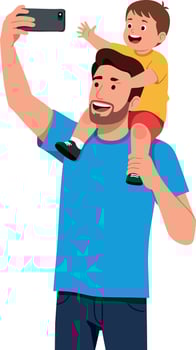 Father carrying son on shoulders taking selfie with phone illustration vector