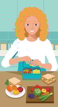 Woman preparing healthy lunch box with fresh vegetables and sandwich in kitchen interior vector