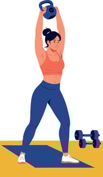 Woman lifting kettlebell exercise in orange top and blue leggings fitness training illustration vector