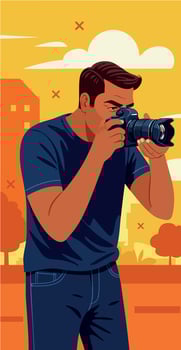 Male Photographer Taking Picture with Camera in Outdoor Urban Setting Illustration vector